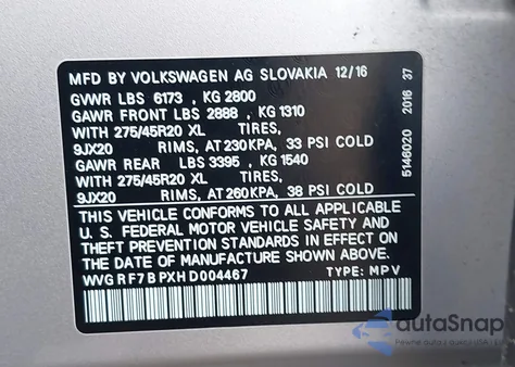 2017 Volkswagen Touareg V6 Wolfsburg Edition z USA, uszkodzony, nr VIN WVGRF7BPXHD004467